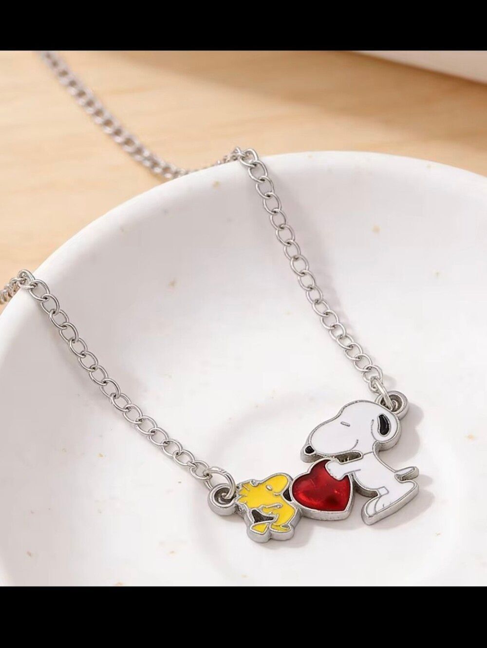 Silver Peanuts Snoopy & Woodstock Heart Necklace